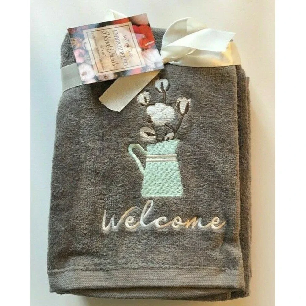 Welcome Spring Hand Towels Watering Can Embroidered Bathroom Gray Set of 2